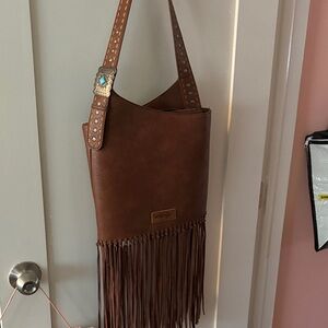 Wrangler Brown Leather Fringe Shoulder Tote with Studded Strap